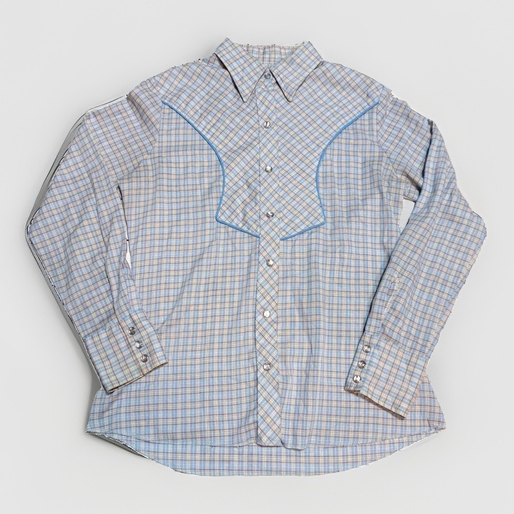 Wrangler Western Shirt Womens M Blue Plaid Pearl Snap Bib Yoke USA Vintage